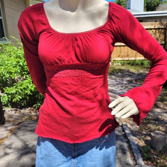 VTG 90s ❤️ Self Esteem ❤️ Red Peasant Blouse w/ Lace Empire Waist & Bell Sleeves - Picture 3 of 14